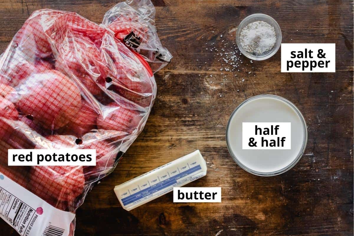 Labeled ingredients needed to make red skin mashed potatoes.