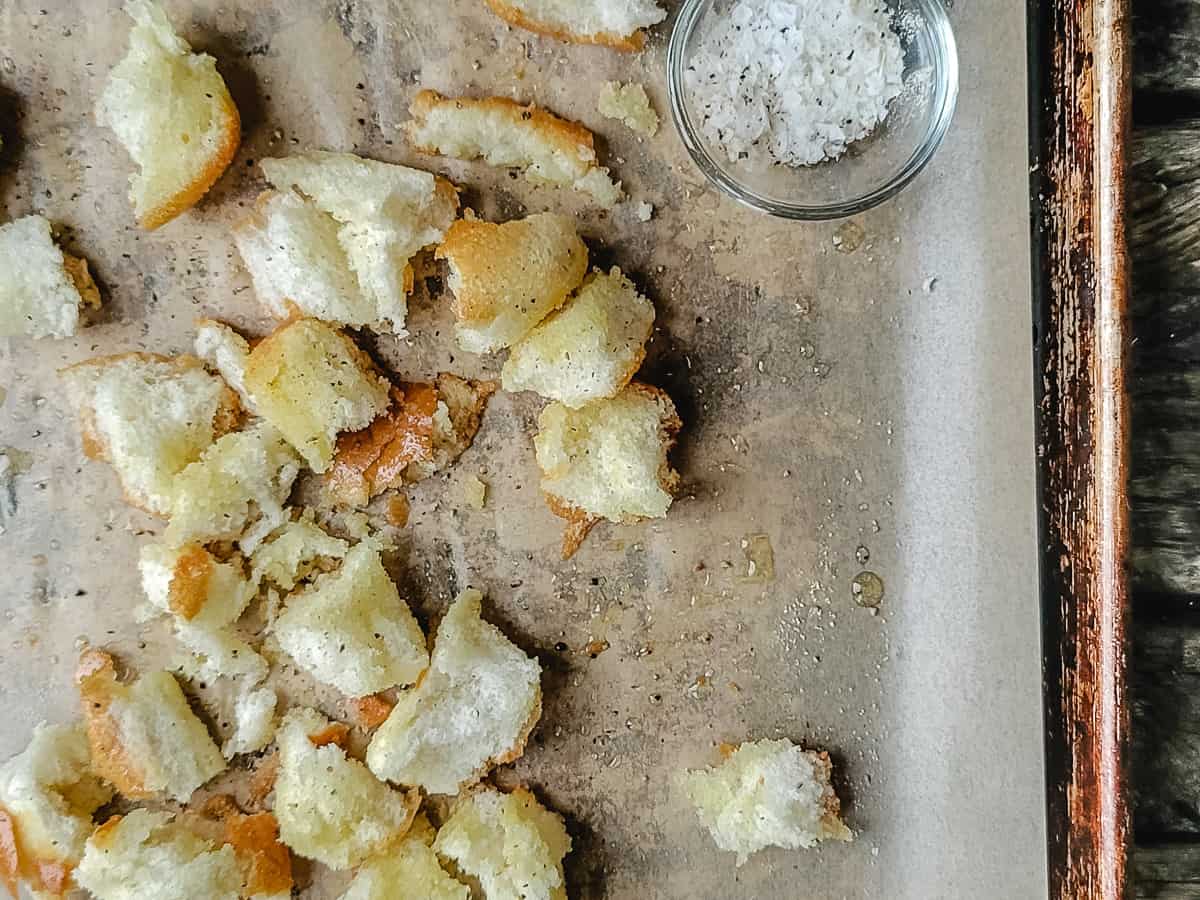 Pieces of torn bread drizzled with oil and sprinkled with salt and pepper.