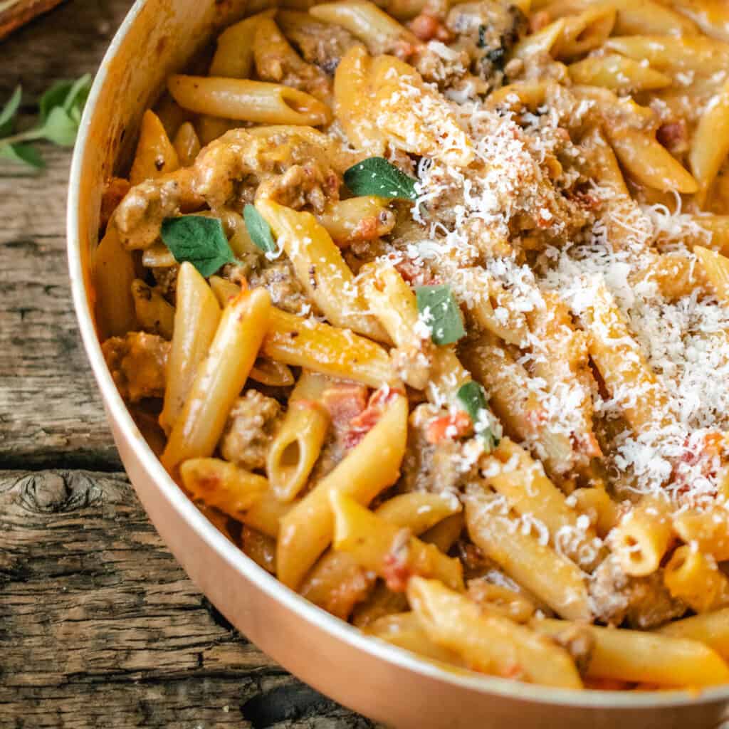 Spicy Sausage Squash Pasta alla Vodka with Rustic Croutons - The Frozen ...