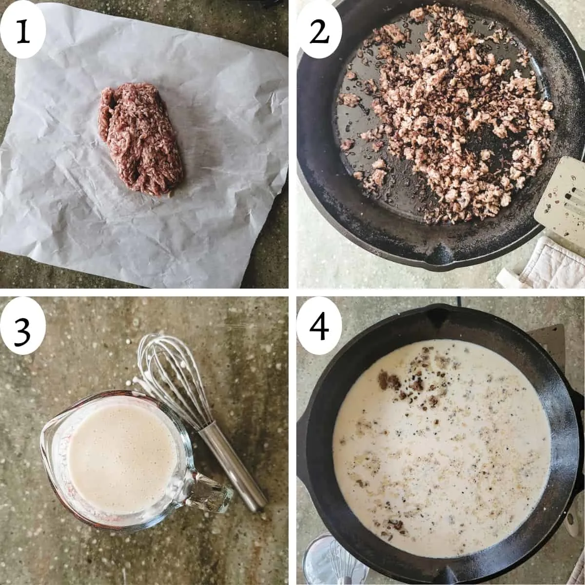 Four step graphic on the steps to making country sausage gravy.