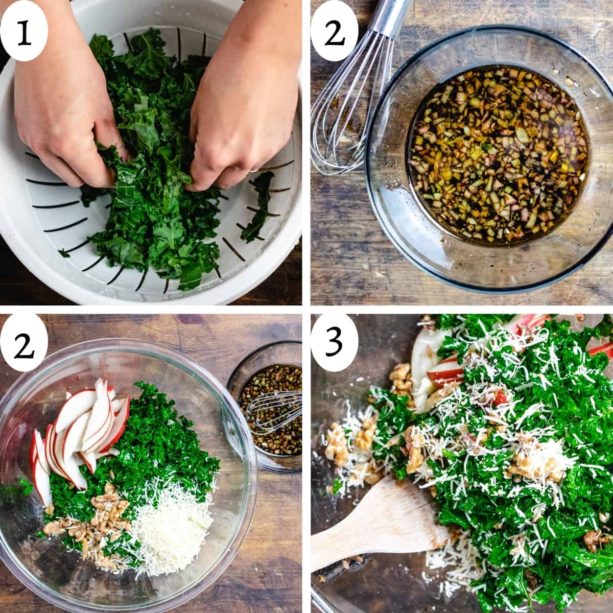 Four images in a collage showing steps to making the salad recipe.