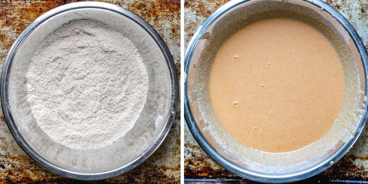 Photo left showing dry ingredients mixed and batter mixed on the right.