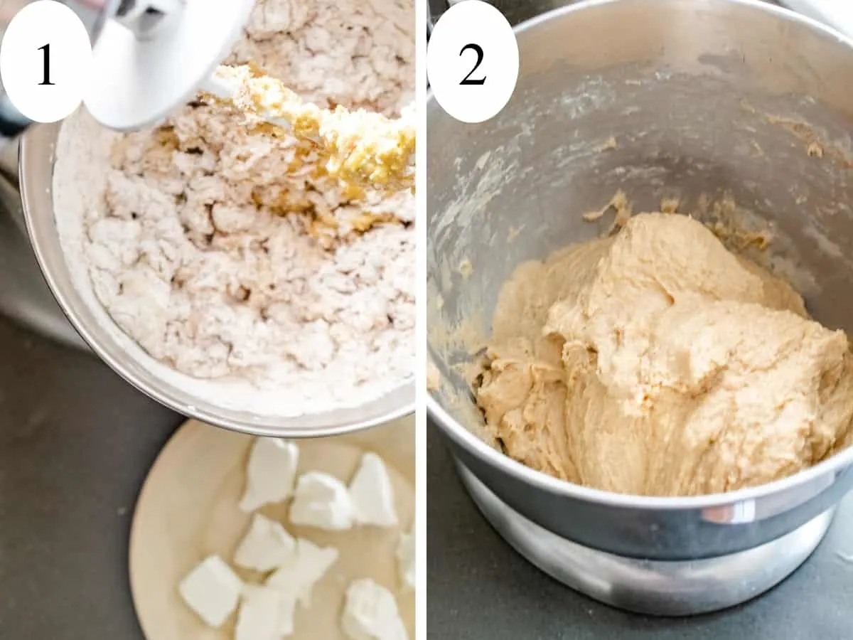 Showing steps 1 and 2 mixing the dough and adding cream cheese in. 