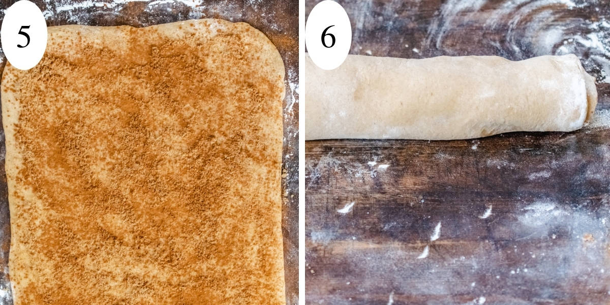 Two photos showing rolling out the dough, sprinkling with filling and rolling up.