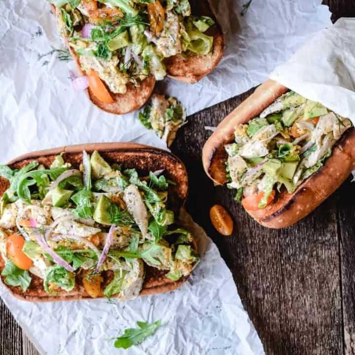 wheat hoagie buns piled with garden vegetable chicken salad recipe