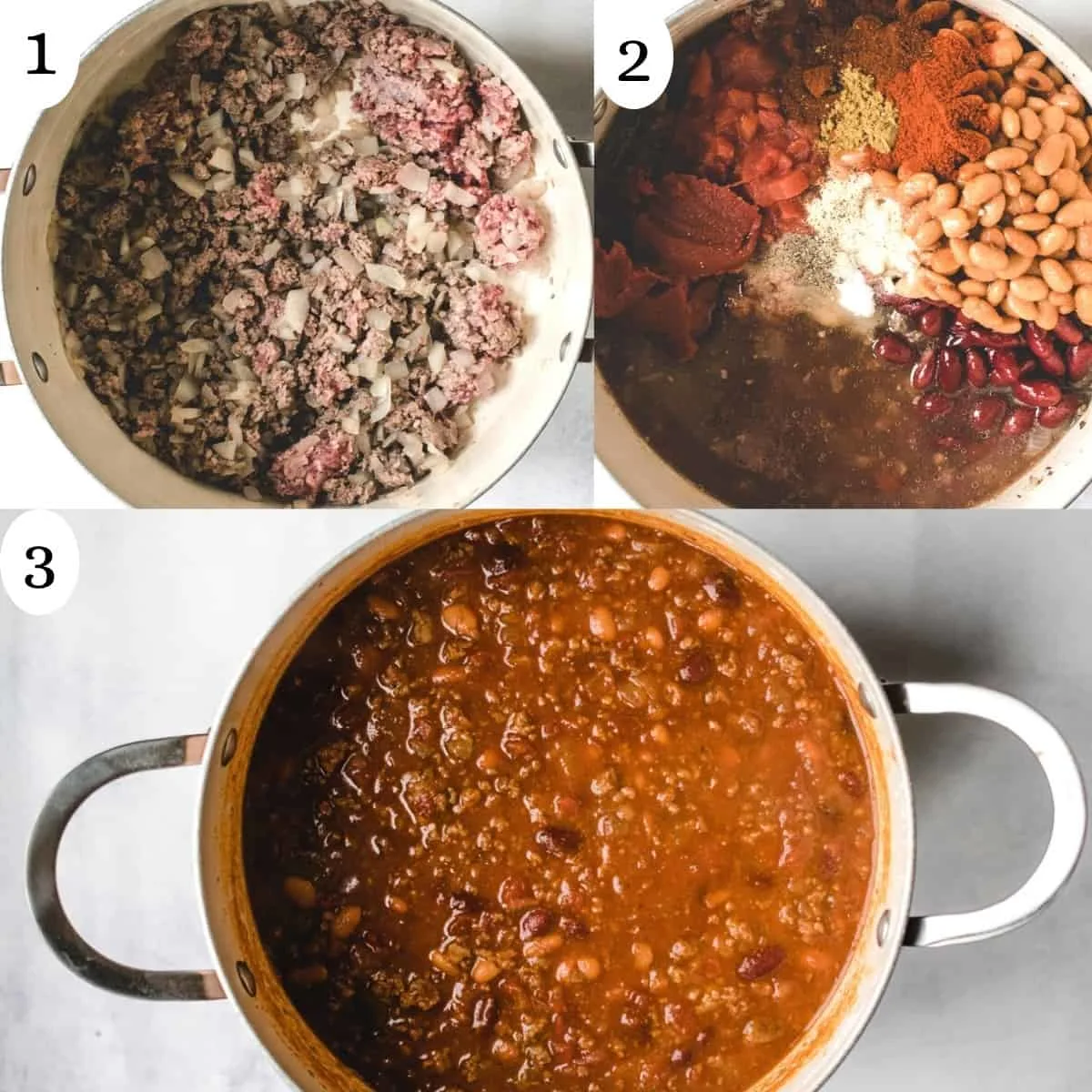 Three image collage showing how to make a chili recipe in a pot. 