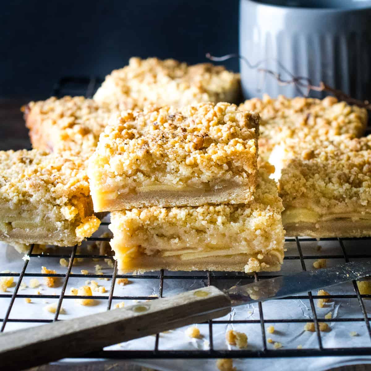Squares of apple bars with cinnamon streusel topping.