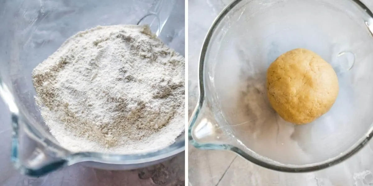 Forming cinnamon pie crust dough in a glass bowl. 