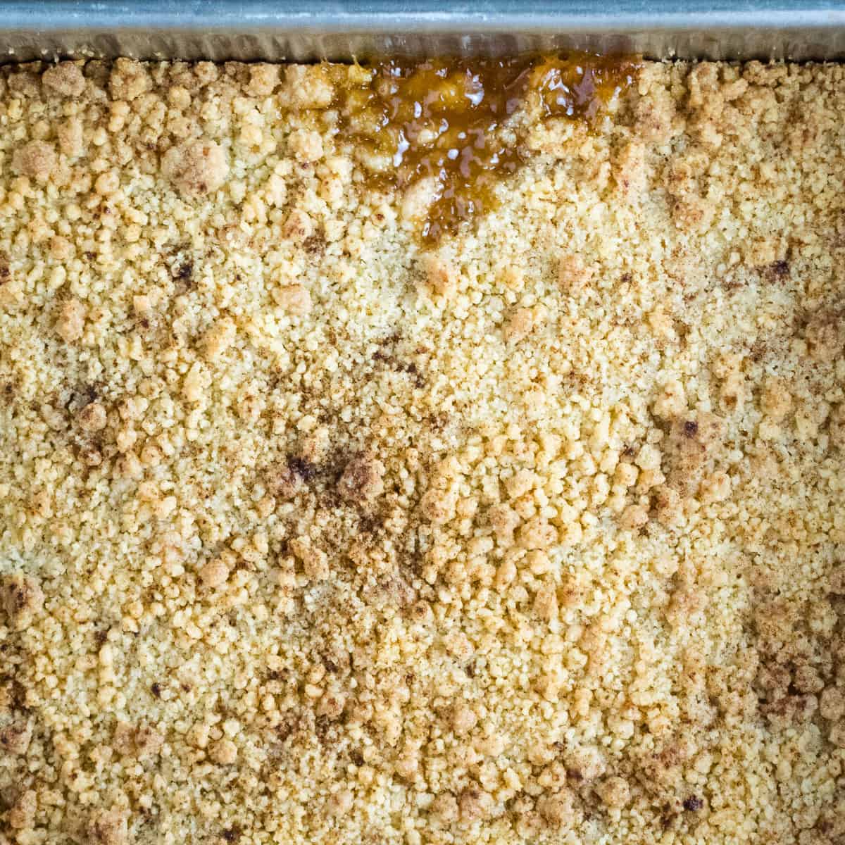 Apple filling oozing out of a streusel crumb topping in a pan. 