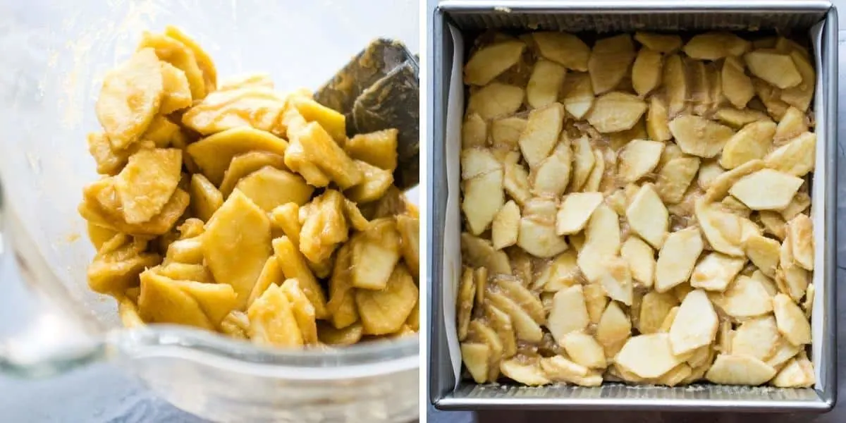 Apple pie filling being layered onto square crust. 