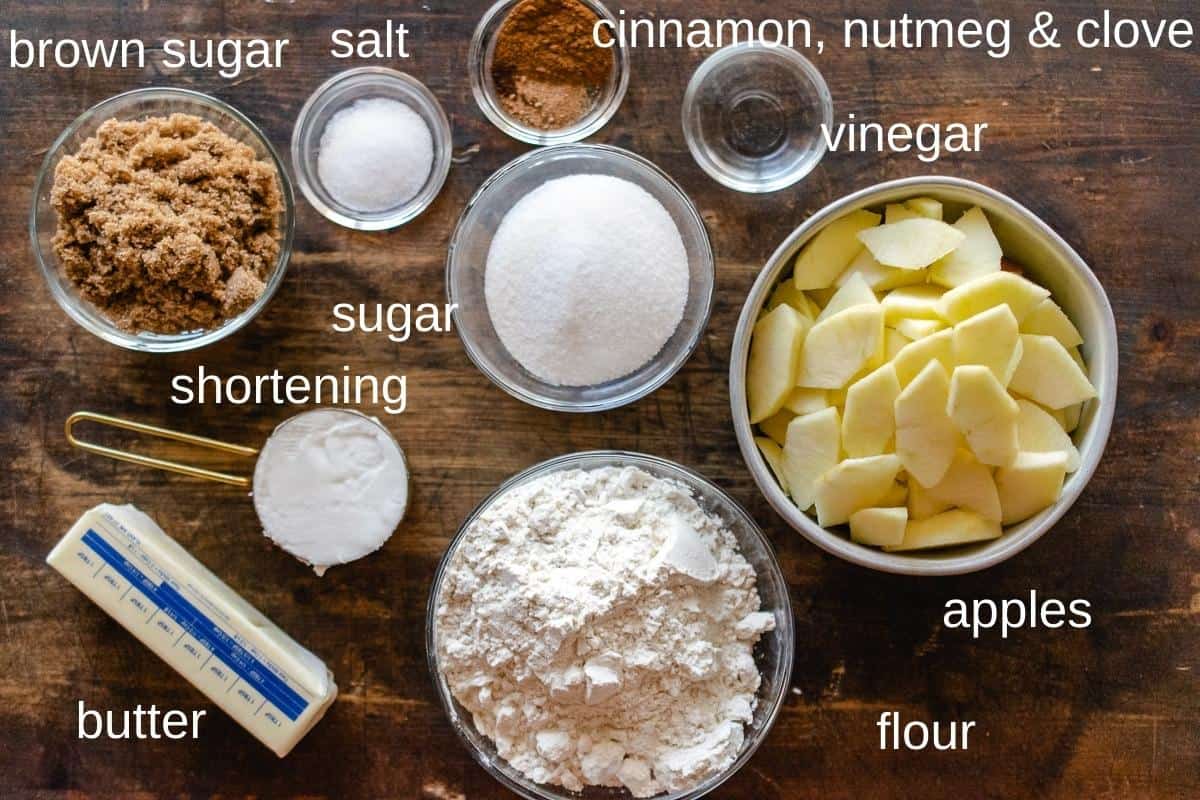 Labeled ingredients needed to make apple crumb bars.