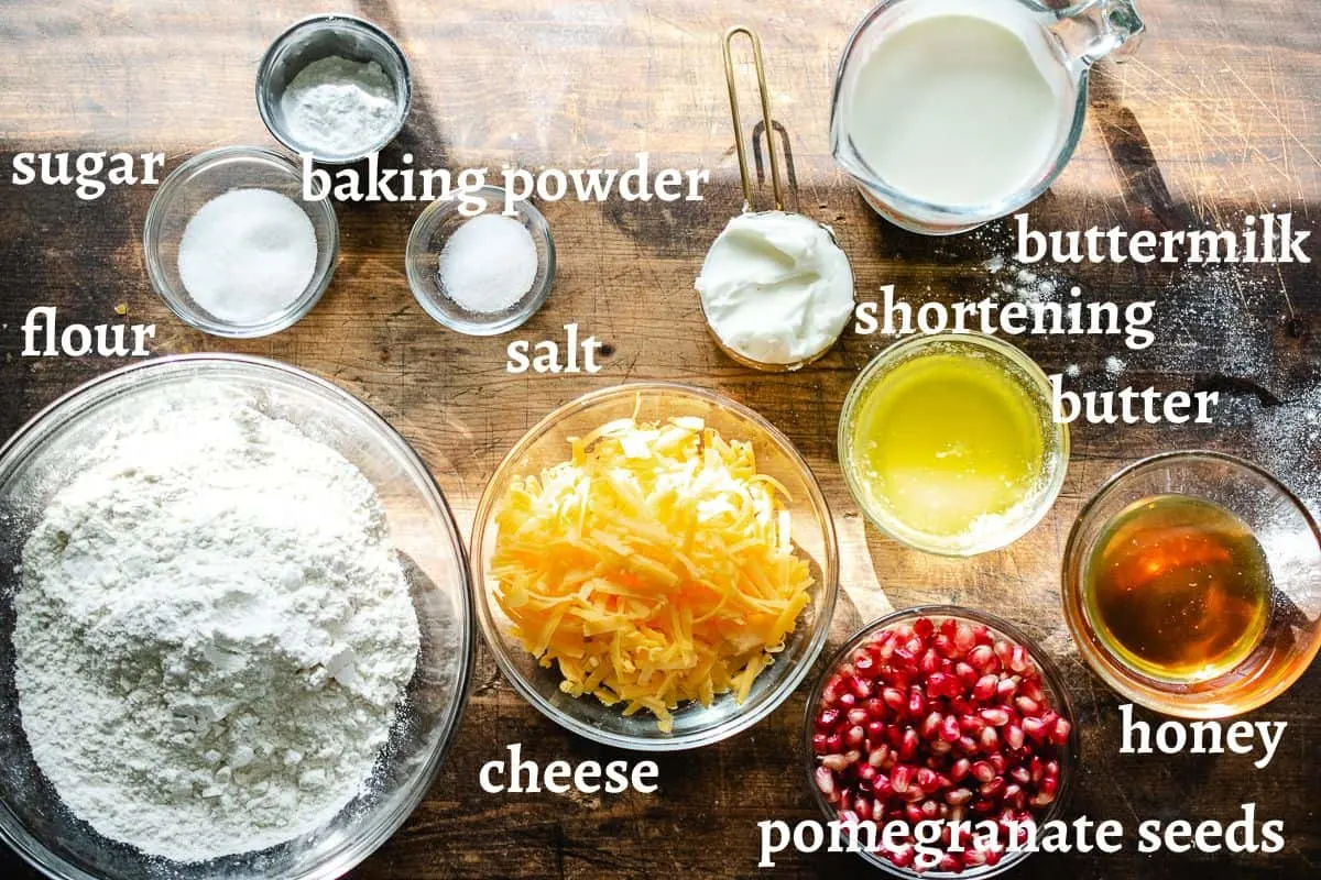 Labeled ingredients in cheddar pomegranate holiday biscuit recipe.