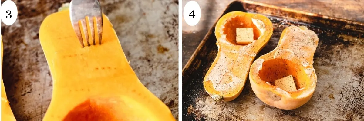 Fork poking holes in a sliced butternut squash and butter salt and pepper spread over the other half.