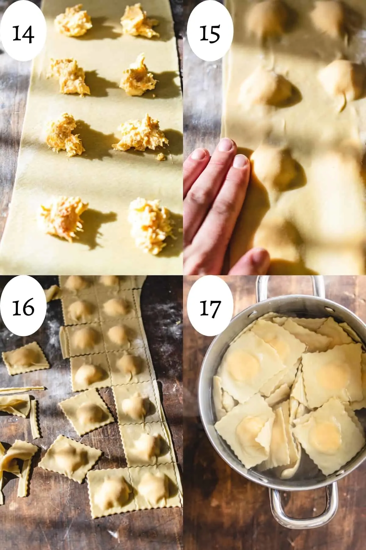 Filling homemade raviolis and cutting them into squares. 