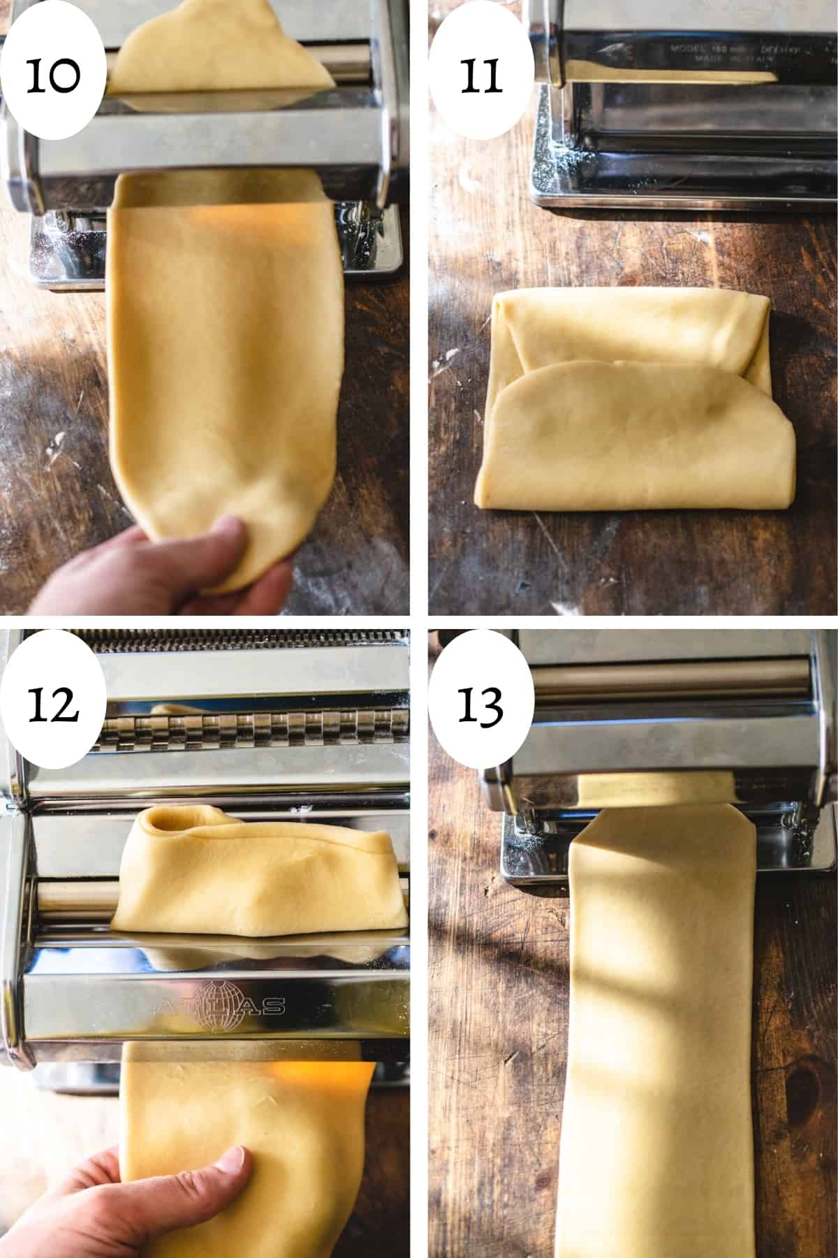 Four image collage showing how to roll pasta dough through a pasta roller.