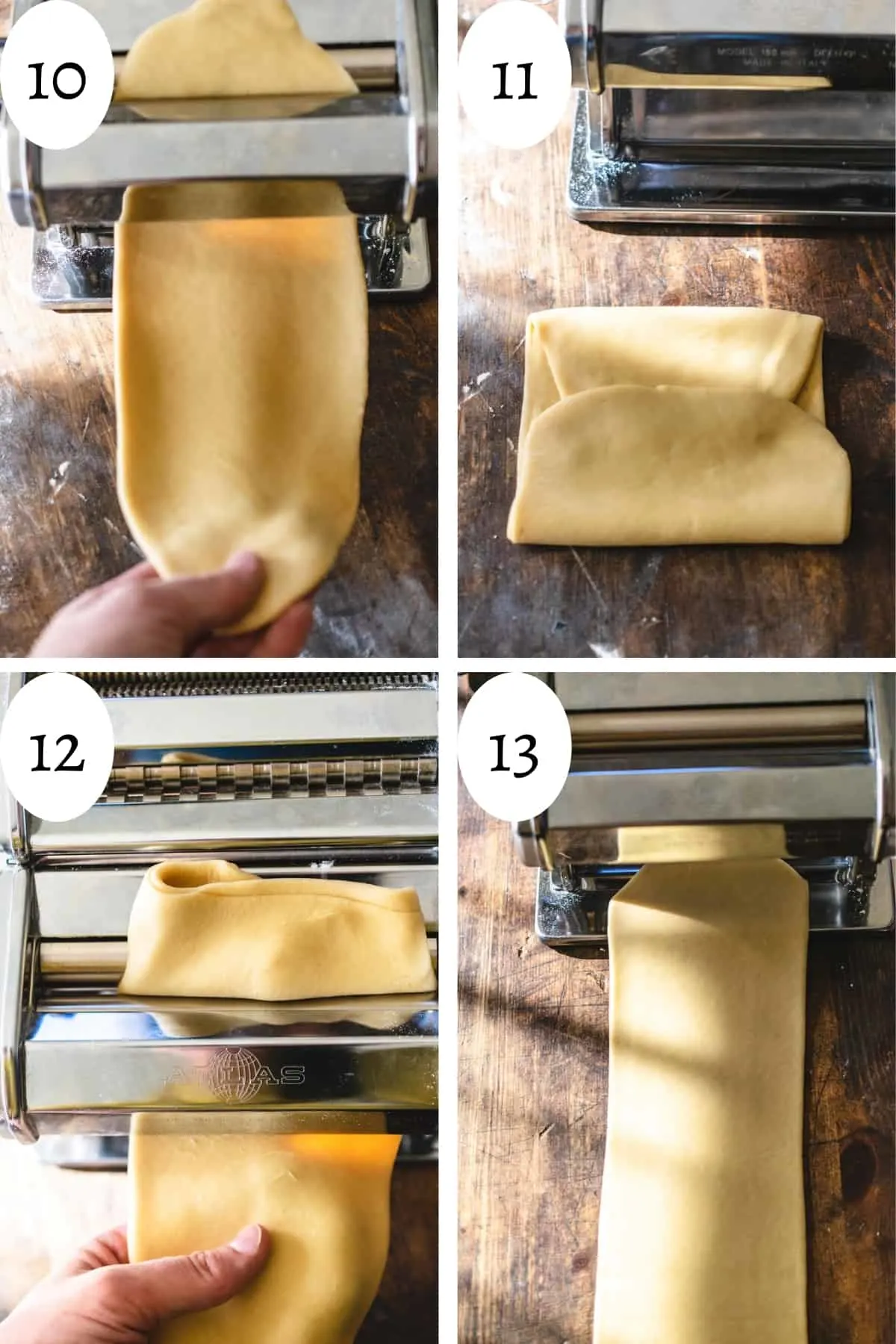 Rolling pasta dough through a pasta roller.