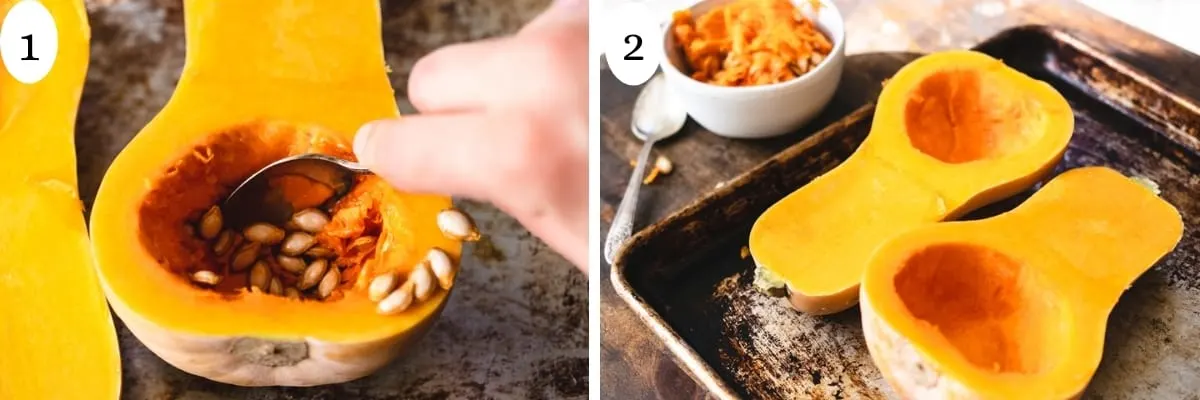 Two step image showing scooping out seeds from a butternut squash and butter and salt and peppering them.