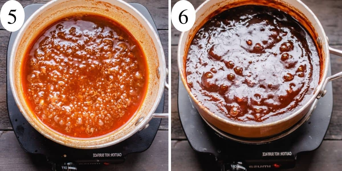 Two side by side photos showing sauce before and after simmering.