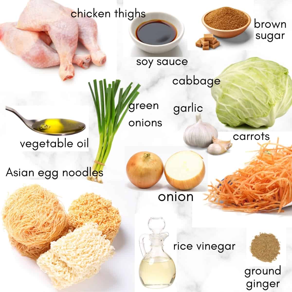 Labeled ingredients needed to make ramen stir fry noodles.