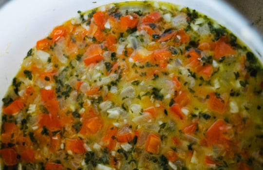 DSC_0882 pot of minced red bell pepper, onion, garlic and parsley, with beer, reduced for making beer cheese