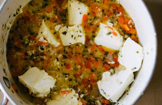 DSC_0883 small pot of minced red bell pepper, onion, garlic, parsley and beer, with chunks of cream cheese for making beer cheese