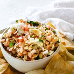 white ceramic bowl filled with cabbage style salsa surrounded by corn tortilla chips
