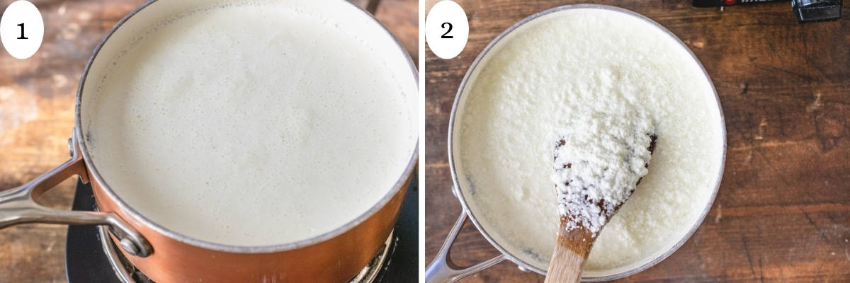 Milk and cream simmering in a pot on the left, and forming curds on the right. 