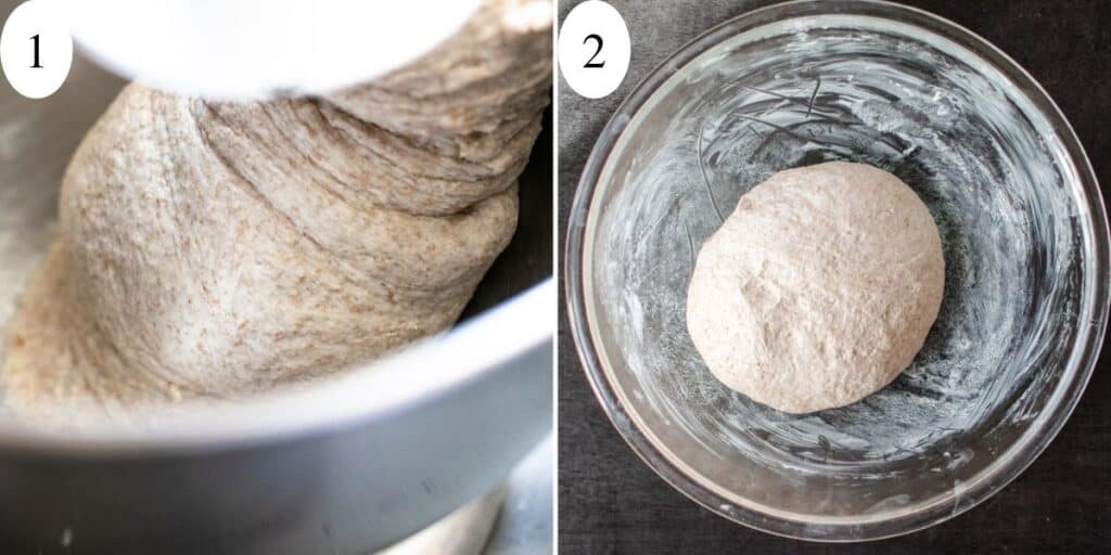 Photos of wheat dough being mixed in stand mixer, and rising in a greased bowl.