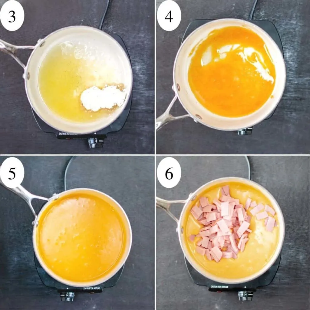 4 numbered images showing ham and cheese filling being made in a sauce pan.