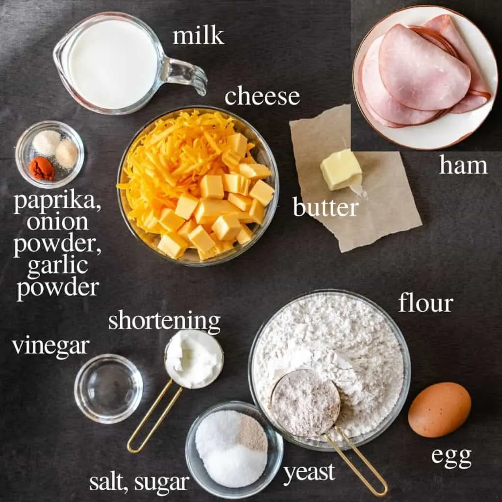 Ingredients for recipe labeled with text on a black background.