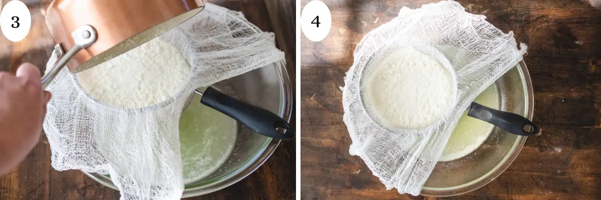Two images showing pouring curds and whey into cheese cloth and letting it strain out.