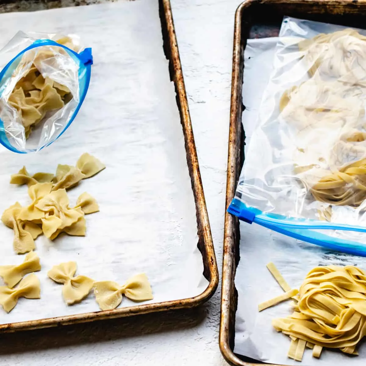 Zip lock plastic freezer bags containing frozen fresh pasta for freezing.
