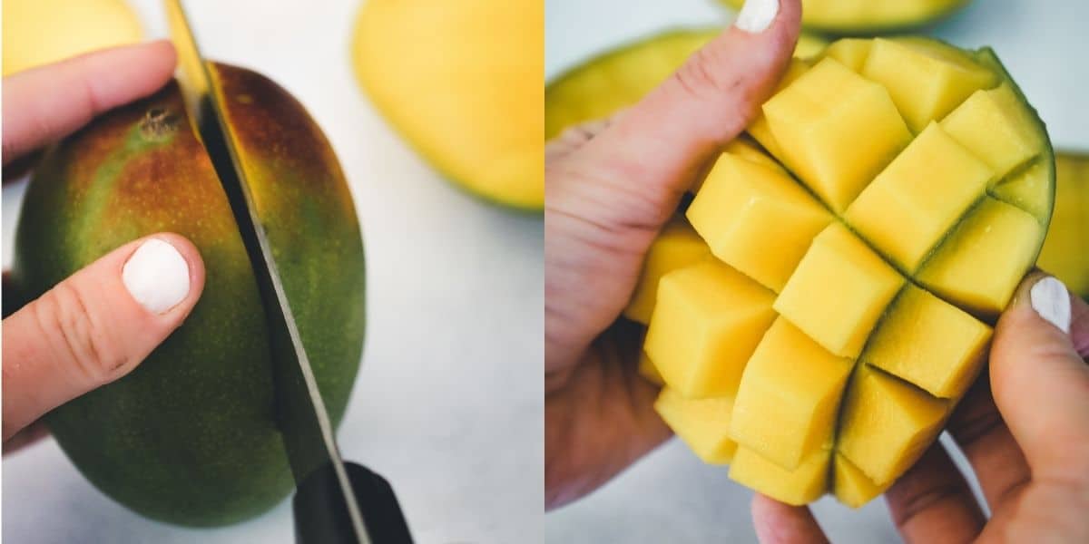 Peeling and dicing a whole mango.