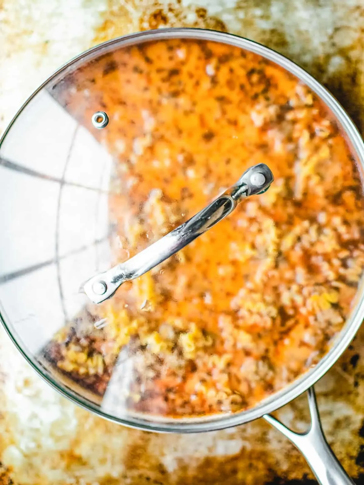 Homemade Hamburger helper copycat lasagna flavor in a skillet.