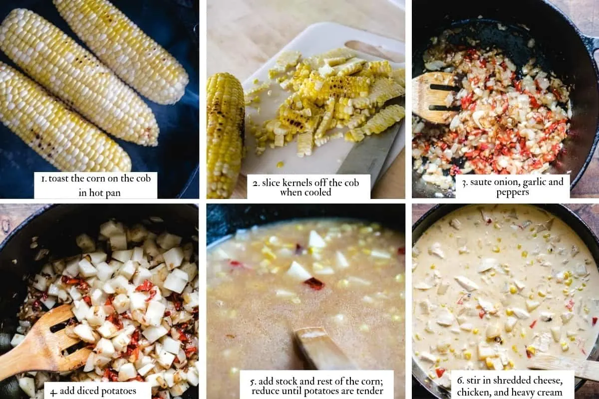 info graphic displaying 6 basic steps to preparing corn chowder