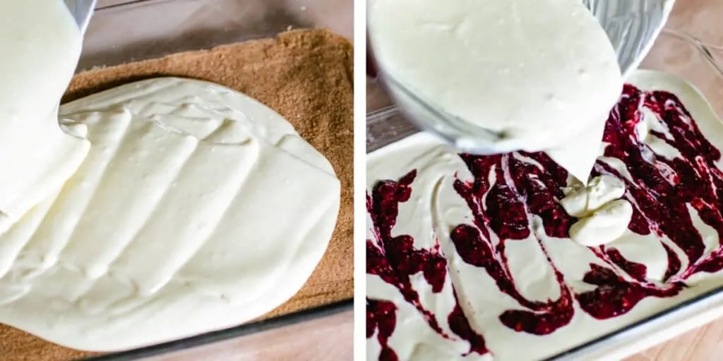 Swirling cheesecake filling with berry puree.