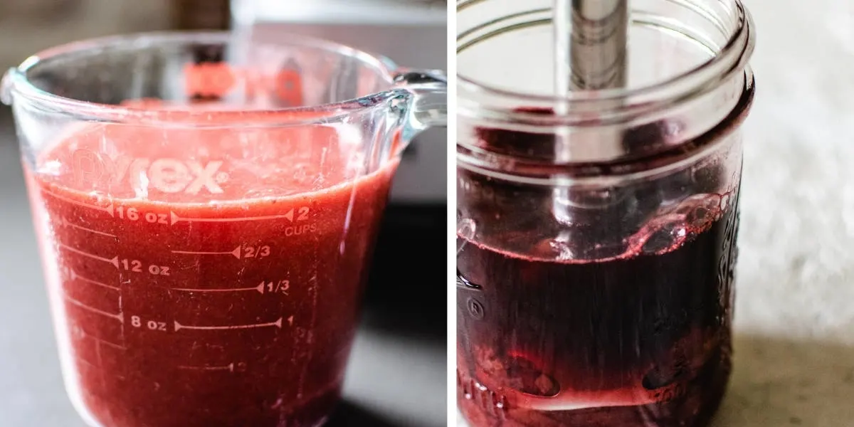 An emersion blender blending berries into a puree.