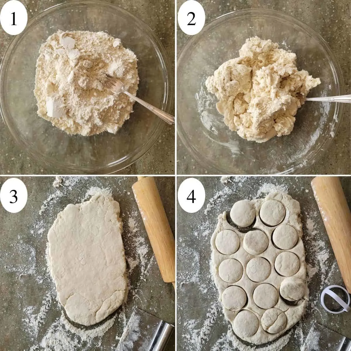 A four image collage showing the first 4 steps to making biscuits.
