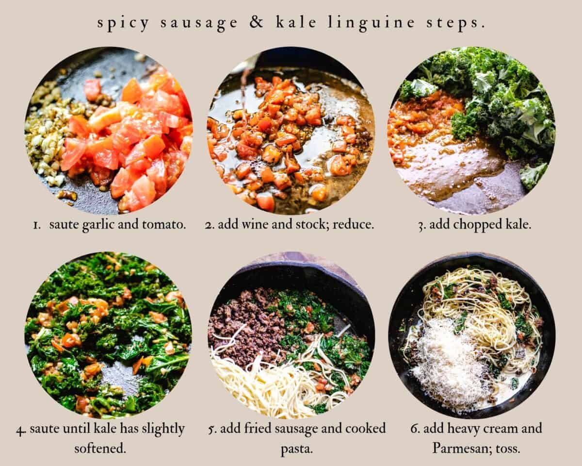 6 step info graphic with caption for making sausage kale linguine