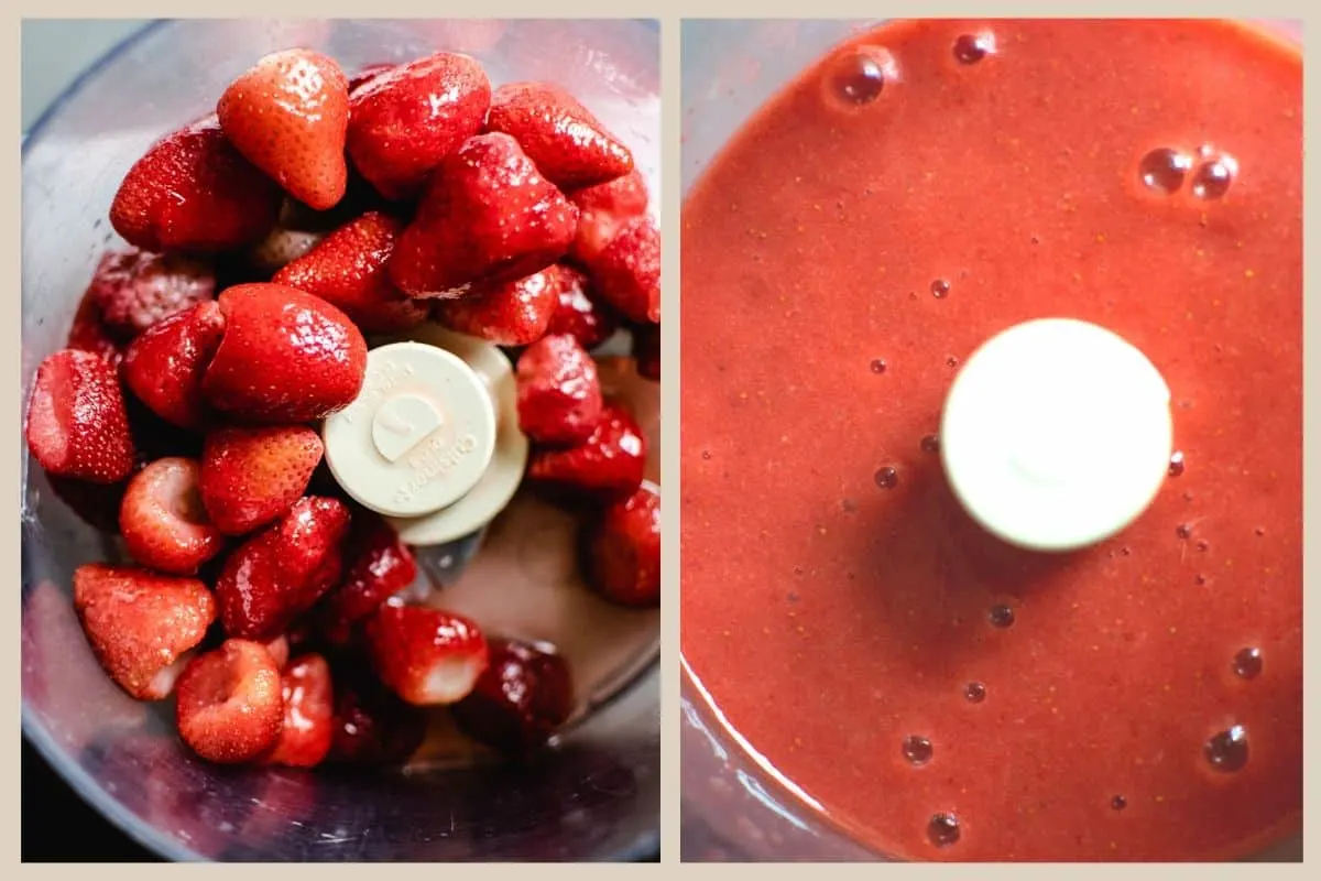 a before and after image of pureed strawberries in a food processor