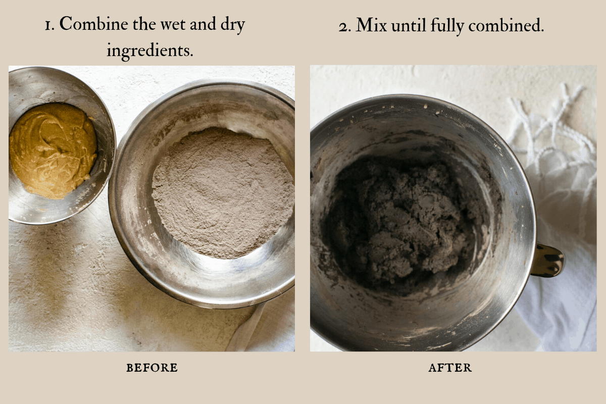 before and after photos of wet and dry ingredients being combined to form stiff chocolate dough ball
