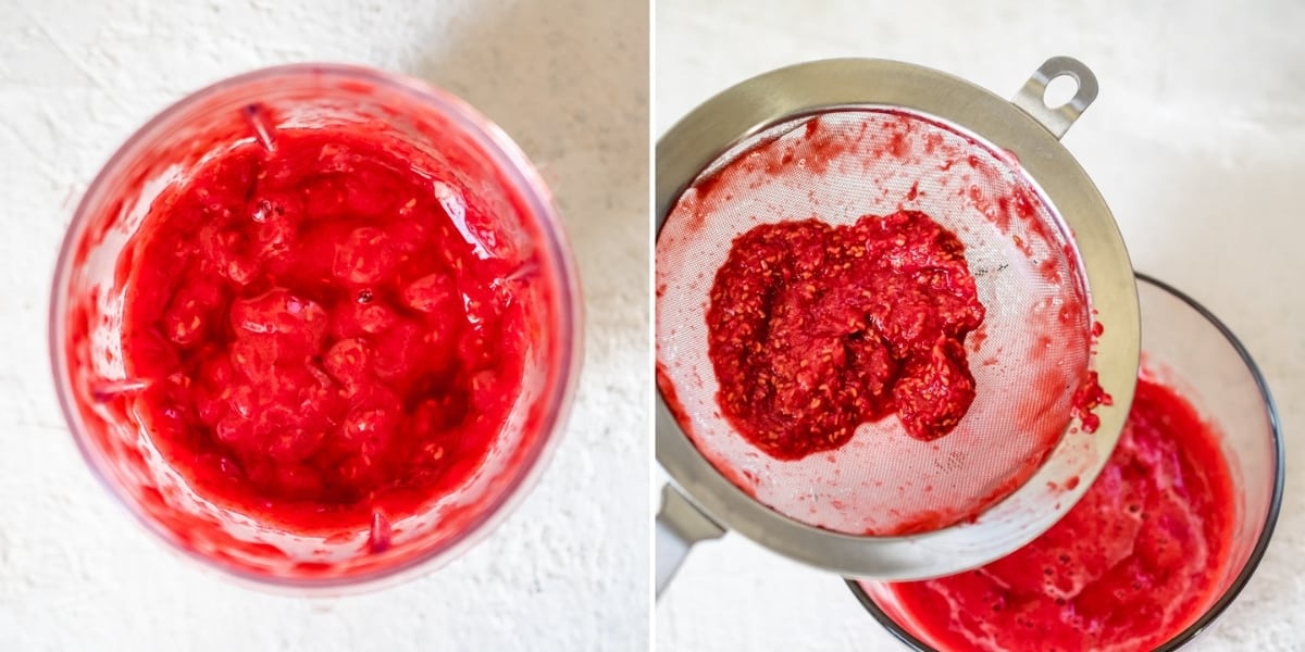 Pureed raspberries being pushed through a strainer.