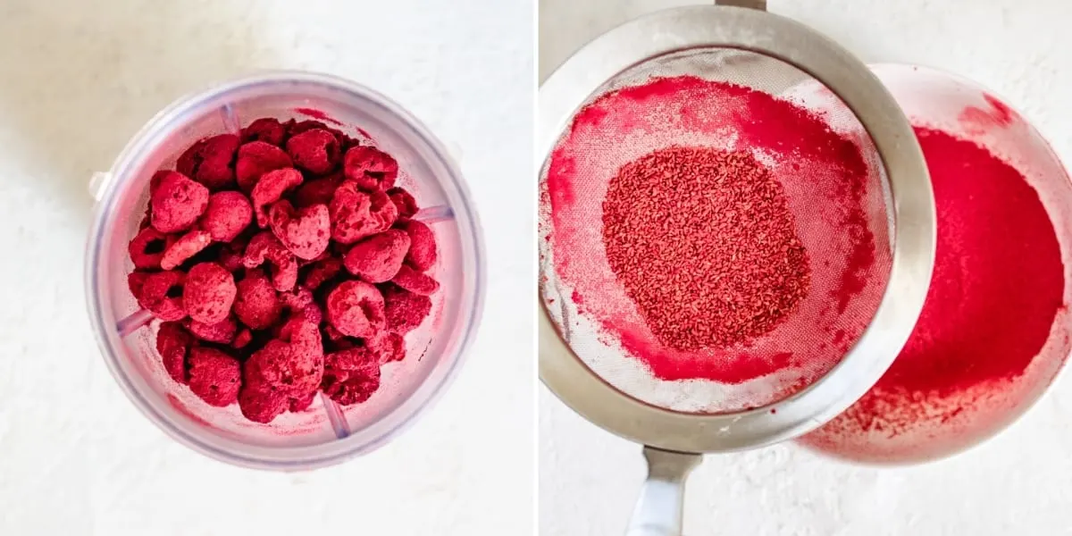 Powdered freeze dried raspberries being sifted to remove seeds.