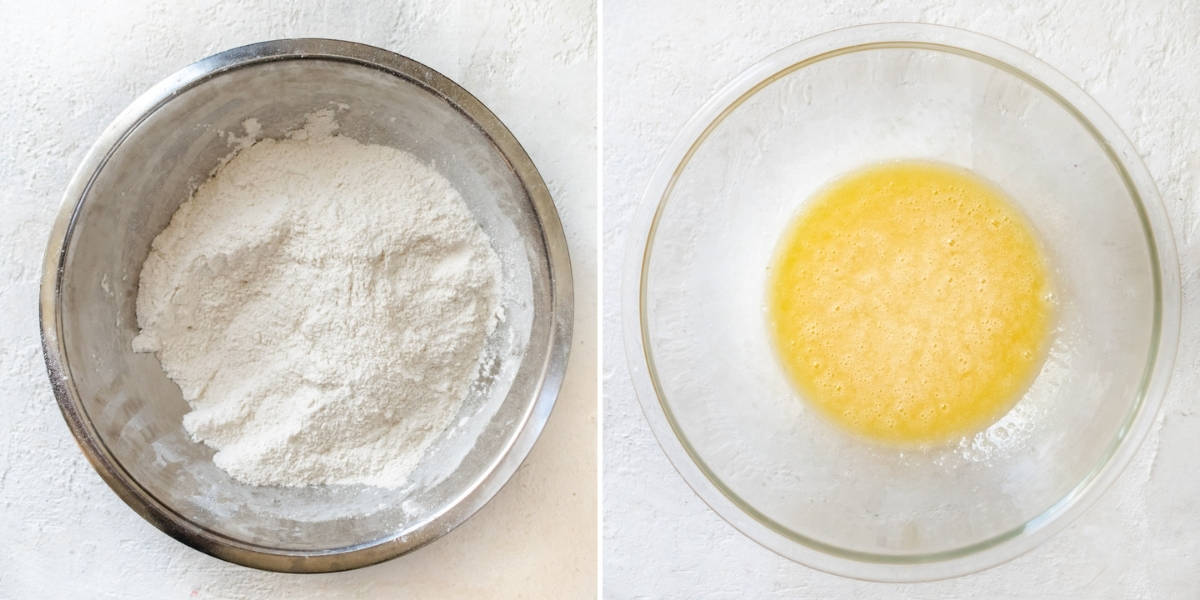 Dry cupcake ingredients and wet cupcake ingredients mixed in separate bowls.