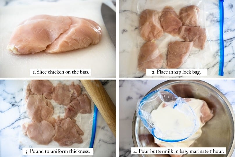 4 image collage showing 4 directions for marinating chicken in buttermilk