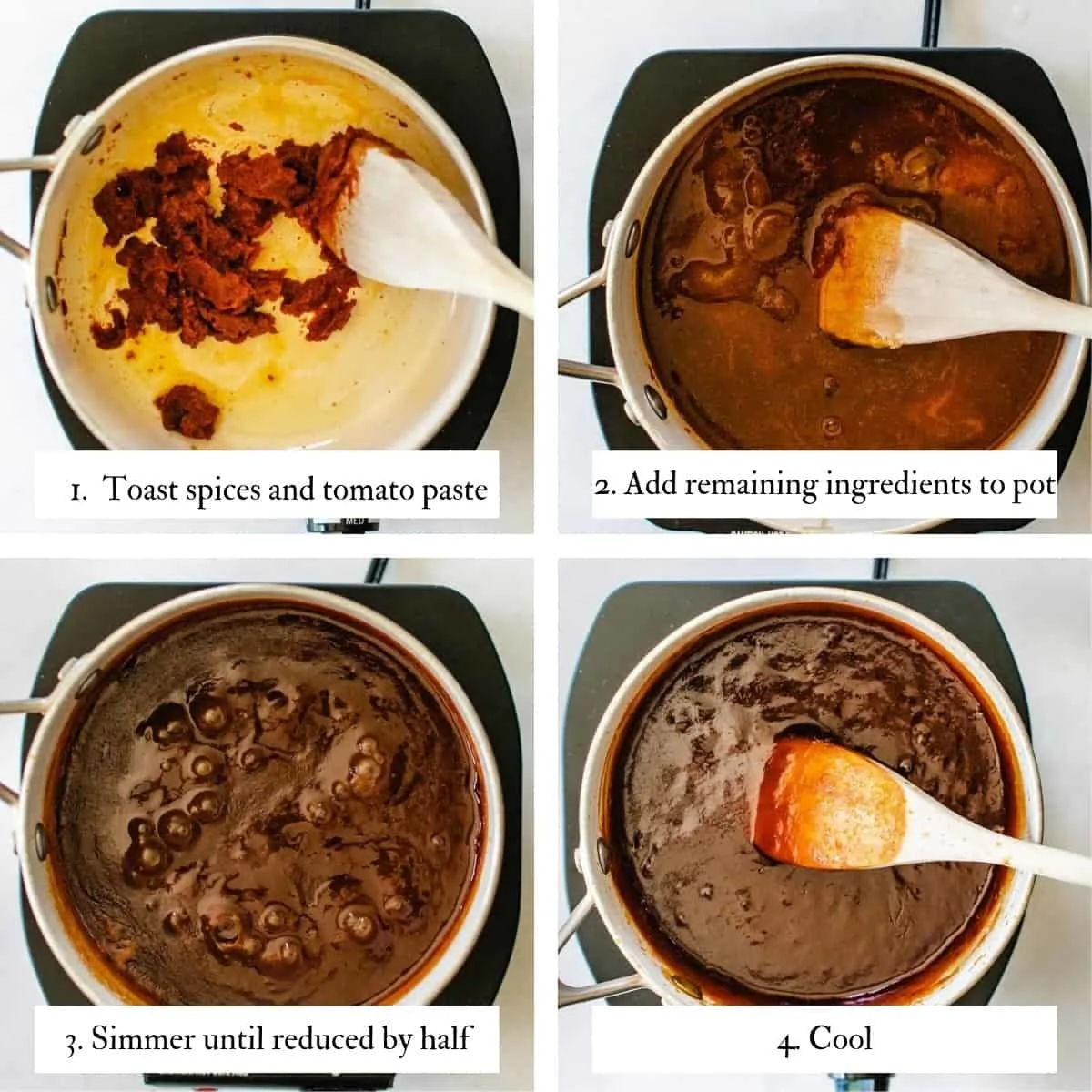 4 image collage showing steps to making apricot barbecue sauce