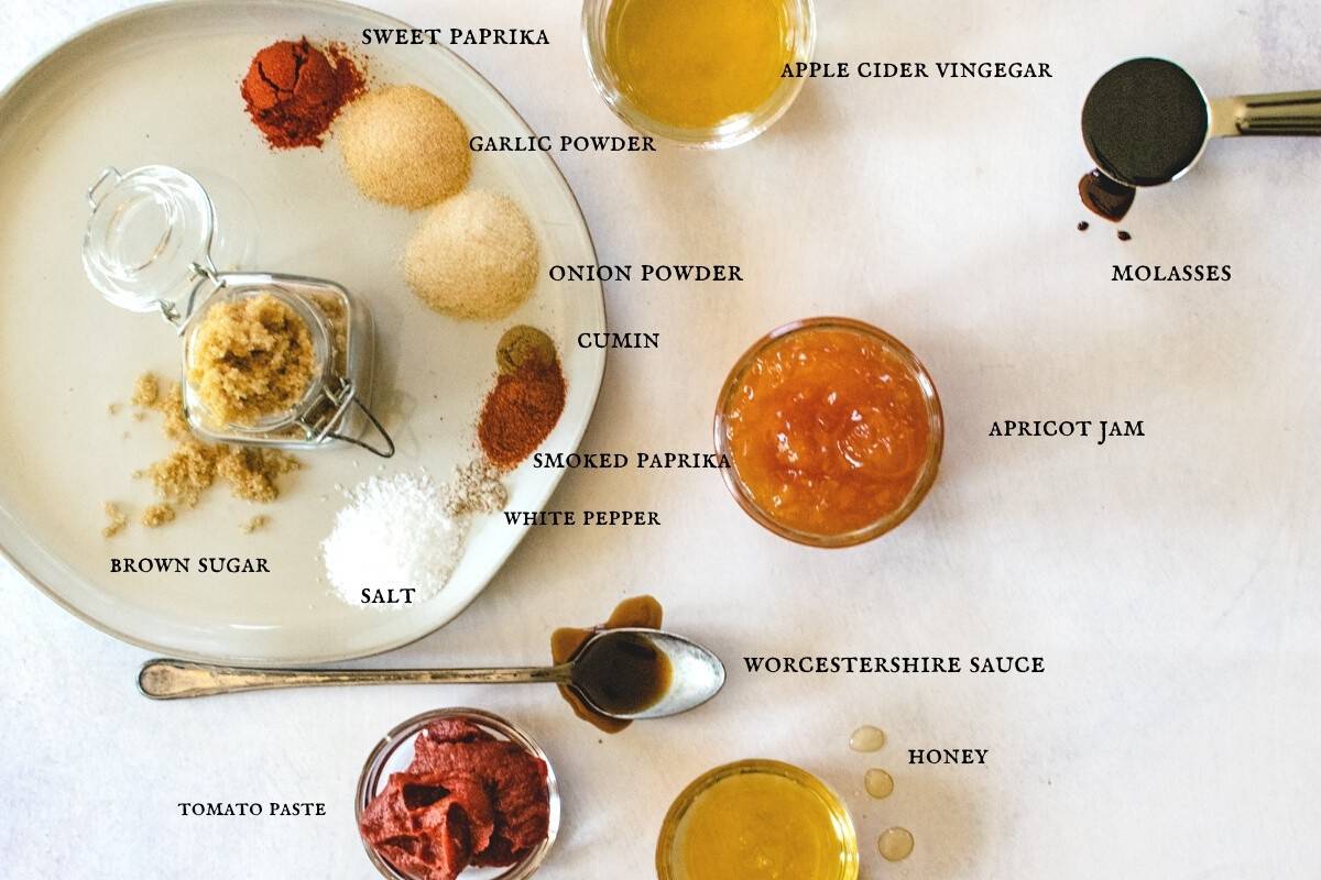 flat lay of ingredients in apricot bbq sauce labeled with text