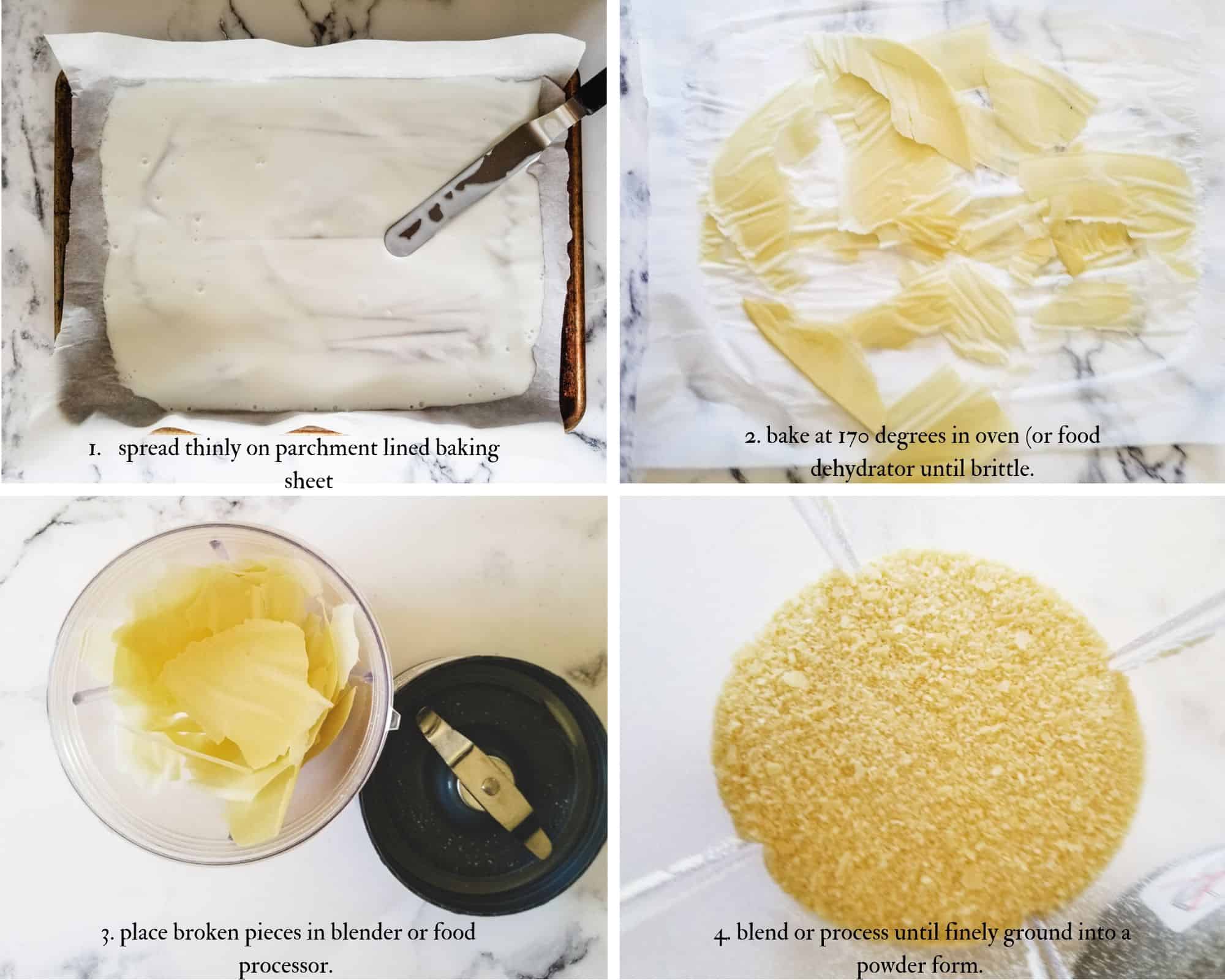 4 step info graphic showing steps to drying buttermilk into a powder