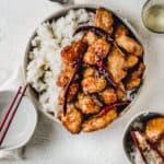 Gluten free General Tso chicken with steamed rice.
