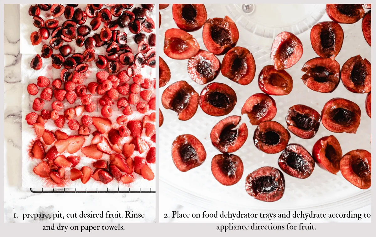 info graphic showing prepared and pitted fruit then being dried on dehydrator racks